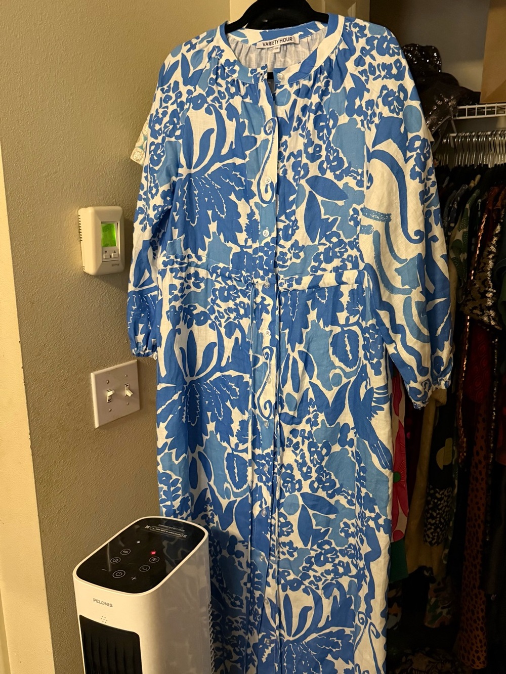 Variety Hour Blue and White Floral Button-Front Women's Dress with pockets.